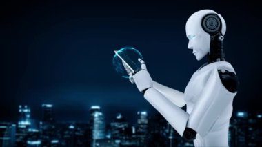 AI robot huminoid uses cloud computing technology to store data on online server . Futuristic concept of cloud information storage analyzed by machine learning process . 3D rendering .