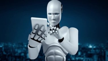 Future financial technology controll by AI robot huminoid uses machine learning and artificial intelligence to analyze business data and give advice on investment and trading decision . 3D rendering .