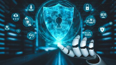 Gelecekçi robot yapay zeka yapay zeka yapay zekayı aydınlatıyor ve makine öğrenme kavramını geliştiriyor. İnsan hayatının geleceği için küresel robot biyonik bilim araştırması. 3B görüntüleme grafiği.