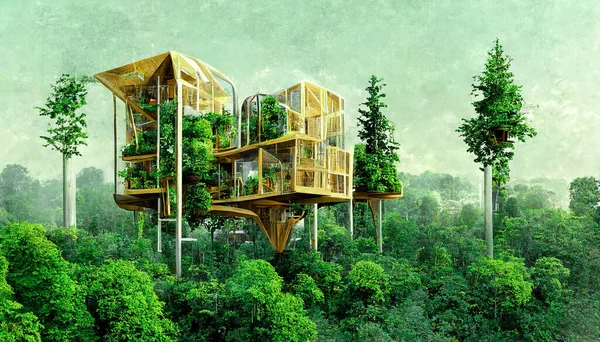 Spectacular image of a sustainable tree house surrounded by greenery in the woods for ESG concept. Eco-friendly house with modern design and solar panel on a tree. Digital art 3D illustration.