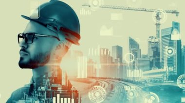 Gelecekteki bina inşaatı ve HUD hologram grafik tasarımı ile yaratıcı mühendislik projesi konsepti. İnşaat mühendisi, mimar ya da inşaat işçisi modern sivil teknoloji ile çalışıyor..