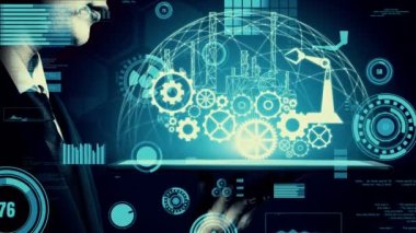 Futuristic industry 4.0 and inventive mechanized engineering concept with graphic user interface showing automation design, robot operation, usage of machine deep learning for future manufacturing.