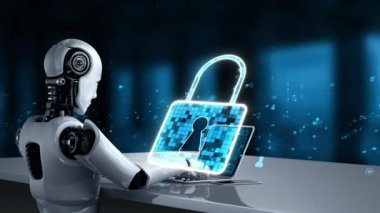 AI robot huminoid uses cloud computing technology to store data on online server . Futuristic concept of cloud information storage analyzed by machine learning process . 3D rendering .