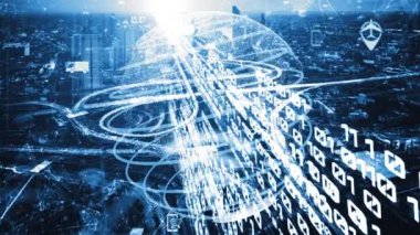 Çevrimiçi trafik kontrol sistemi olan sessiz ve fütürist bir şehirde akıllı ulaşım. Yeni bilgi çağındaki küresel eğilimleri değiştiren akıllı dijital dönüşüm ve teknoloji bozulması kavramı .