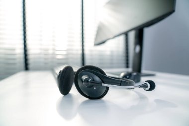 Essential equipment concept for competent online operators, call service agents, or online working. Customer service equipment, as well as helpdesk tools.