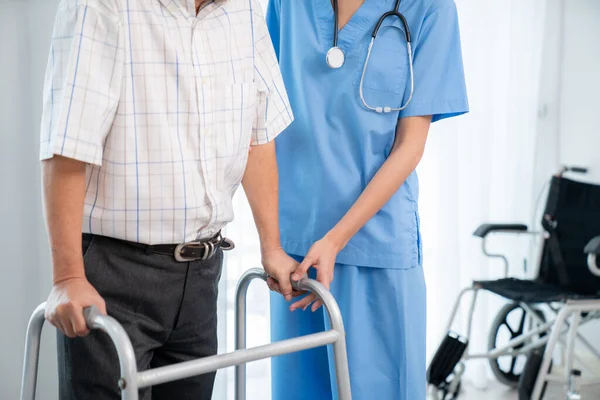 Physiotherapist Assists Her Contented Senior Patient Folding Walker Recuperation Elderly — Stock Photo, Image