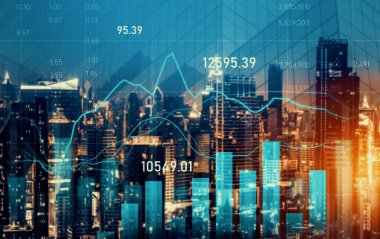 Financial graphs and digital indicators overlap with modernistic urban area, skyscrabber for stock market business concept. Double exposure.