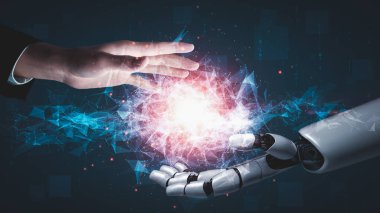 Gelecekçi robot yapay zeka yapay zeka yapay zekayı aydınlatıyor ve makine öğrenme kavramını geliştiriyor. İnsan hayatının geleceği için küresel robot biyonik bilim araştırması. 3B görüntüleme grafiği.