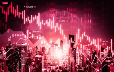 Stock market crash, declined economic, graph falling down and digital indicators overlaps modernistic city. Double exposure.