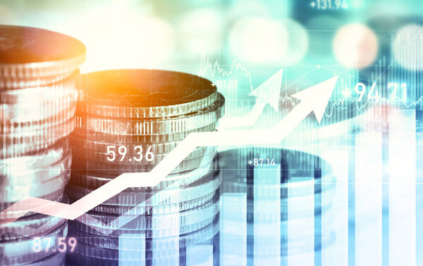 Финансы и денежные технологии базовая концепция процветания бизнеса и управления активами. Креативная графика показывает экономику и финансовый рост за счет инвестиций в ценные активы для получения прибыли от богатства .