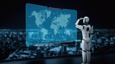 Hominoid yapay zeka kullanarak büyük veri analitiği kavramını gösteren sanal ekrana bakan yapay zeka robotu. 3B görüntüleme.