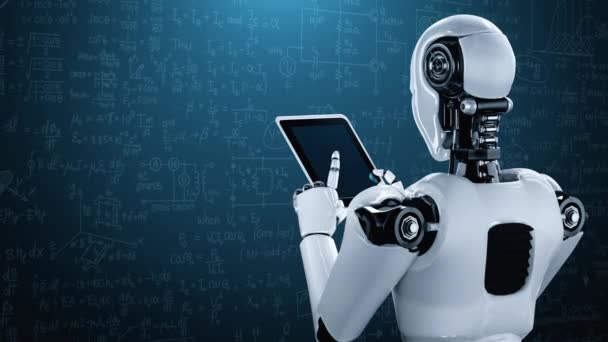 Robot Hominoïde Utilisant Ordinateur Tablette Pour Étudier Les Sciences Ingénieur — Video
