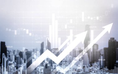 Financial graphs and digital indicators overlap with modernistic urban area, skyscrabber for stock market business concept. Double exposure.