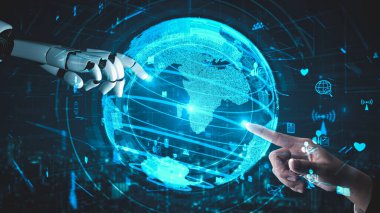 Gelecekçi robot yapay zeka yapay zeka yapay zekayı aydınlatıyor ve makine öğrenme kavramını geliştiriyor. İnsan hayatının geleceği için küresel robot biyonik bilim araştırması. 3B görüntüleme grafiği.