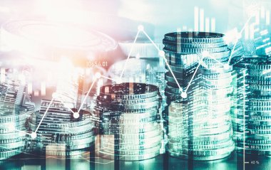 Finans ve para teknolojisi iş refahı ve varlık yönetimi kavramı. Yaratıcı grafik, refah karı elde etmek için değerli varlıklara yatırım yaparak ekonomi ve mali büyümeyi gösteriyor .