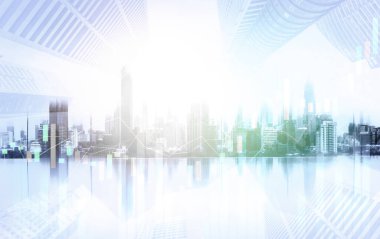 Financial graphs and digital indicators overlap with modernistic urban area, skyscrabber for stock market business concept. Double exposure.