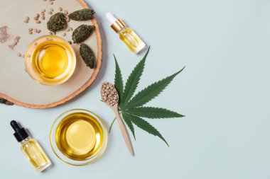 Bir şişe CBD yağı, THC tentürü, kenevir izinleri, ahşap kasedeki kenevir tohumu beyaz arka planda birlikte sıralanmış. Kenevir bitkisi cannabidiol damıtımı tıbbi kullanım için sıvıya dönüşür.