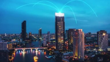 Şehir üzerinde bağlantı ağı karşılıklılığına sahip akıllı dijital şehir. Şehirdeki insanları birbirine bağlayan gelecek akıllı kablosuz dijital şehir ve sosyal medya ağı kavramı .