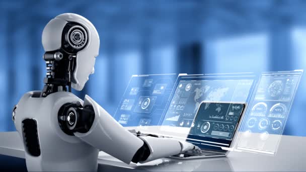 Robot Hominoïde Gebruik Laptop Zitten Aan Tafel Voor Big Data — Stockvideo