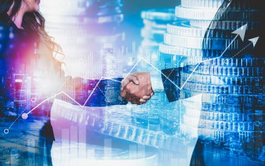Ekonomik refah ve para teknolojisinin varlık geçmişi üzerine iş tokalaşması. Değerli borsaya yatırım yaparak ekonomik ve finansal büyüme ile refah kar birimi ticareti elde edilir