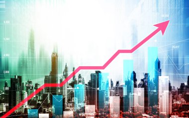 As background for a financial or business concept, digital screen and financial graphs overlap on a picture of modernistic cityscape, skyscrabbers.