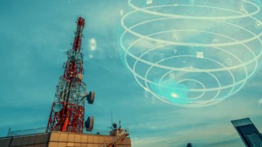 Dünya çapında internet ağı bağlantıları kavramında küresel iş değişikliğinin ve mavi gökyüzüne karşı e-ticaretin 3 boyutlu grafiğine sahip telekomünikasyon kulesi .