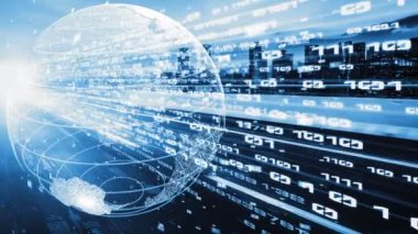 Fütürist küresel ağ ve dijital veri transferi 3D grafik. Yeni bilgi çağındaki küresel eğilimleri değiştiren akıllı dijital dönüşüm ve teknoloji bozulması kavramı .