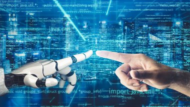 Gelecekçi robot yapay zeka devrimci yapay zeka teknoloji geliştirme ve makine öğrenme kavramı. İnsan hayatının geleceği için küresel robot biyonik bilim araştırması. 3B görüntüleme grafiği.