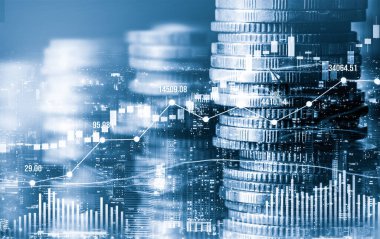 Finans ve para teknolojisi iş refahı ve varlık yönetimi kavramı. Yaratıcı grafik, refah karı elde etmek için değerli varlıklara yatırım yaparak ekonomi ve mali büyümeyi gösteriyor .