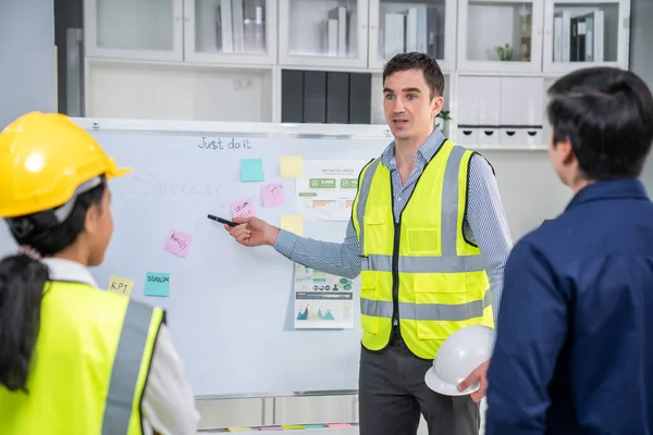 A team of investor and competent engineers brainstorming on the whiteboard to find new ideas and making plans. The idea of a team gather ideas together.