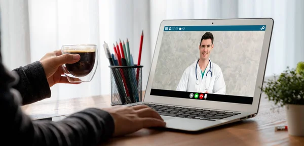 Doctor video call online by modish telemedicine software application for virtual meeting with patient