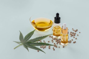 Şişede CBD yağı, damlacık kapağı, sativa yeşil kenevir ve kenevir tohumu bulunan yasallaştırılmış marihuana özellikleri. Copyspace ve reklam için esrar ürünü.
