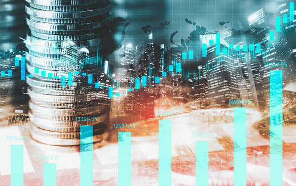 Финансы и денежные технологии базовая концепция процветания бизнеса и управления активами. Креативная графика показывает экономику и финансовый рост за счет инвестиций в ценные активы для получения прибыли от богатства .