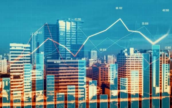 Financial Graphs Digital Indicators Overlap Modernistic Urban Area Skyscrabber Stock — Stockfoto