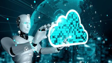 AI robot huminoid uses cloud computing technology to store data on online server . Futuristic concept of cloud information storage analyzed by machine learning process . 3D rendering .