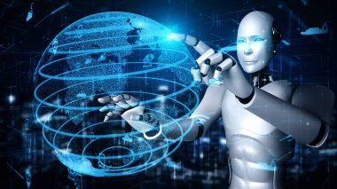 Futuristic robot artificial intelligence huminoid AI transportation analytic technology development and machine learning concept. Global robotic science research for future of human . 3D rendering.