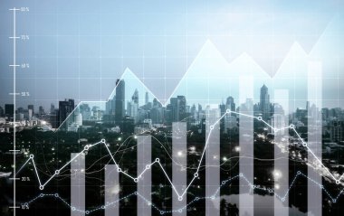 Stock market business concept. Financial graphs and digital indicators with modernistic urban area and skyscrapers as background. Double Exposure.