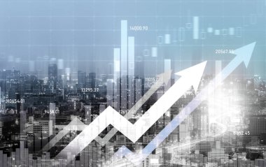 Financial graphs and digital indicators overlap with modernistic urban area, skyscrabber for stock market business concept. Double exposure.