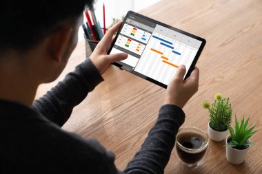 Ekip projesinin zaman çizelgesini gösteren bilgisayar ekranında, modern iş projesi yönetimi için proje planlama yazılımı