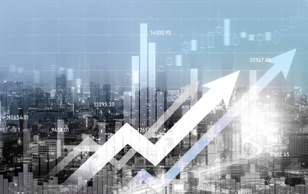 Financial Graphs Digital Indicators Overlap Modernistic Urban Area Skyscrabber Stock — 스톡 사진