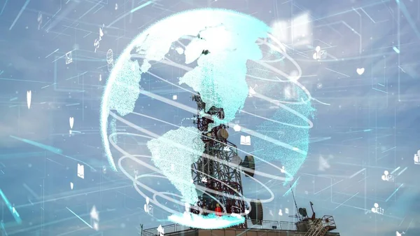 Telecommunication tower with 3D graphic of global business alteration and e-commerce against blue sky in concept of worldwide internet network connections .