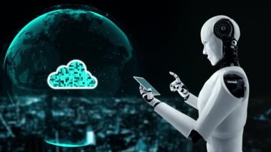 AI robot huminoid uses cloud computing technology to store data on online server . Futuristic concept of cloud information storage analyzed by machine learning process . 3D rendering .