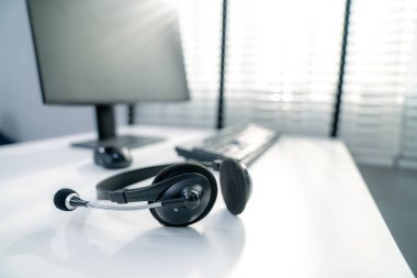 Essential equipment concept for competent online operators, call service agents, or online working. Customer service equipment, as well as helpdesk tools.