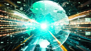 Fütürist küresel ağ ve dijital veri transferi 3D grafik. Yeni bilgi çağındaki küresel eğilimleri değiştiren akıllı dijital dönüşüm ve teknoloji bozulması kavramı .
