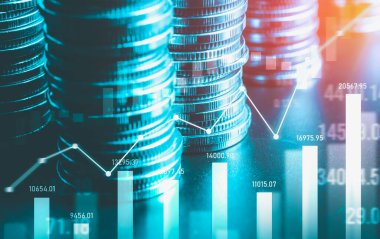 Finans ve para teknolojisi iş refahı ve varlık yönetimi kavramı. Yaratıcı grafik, refah karı elde etmek için değerli varlıklara yatırım yaparak ekonomi ve mali büyümeyi gösteriyor .