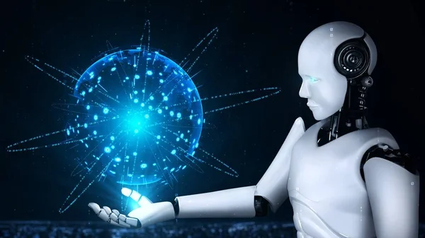 Hominoid Robot Holding Hologram Screen Shows Concept Global Communication Network — Stockfoto