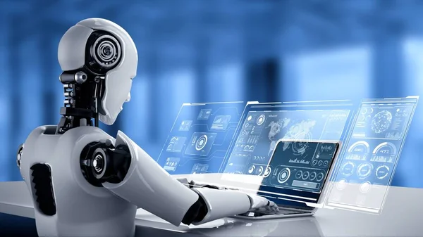 Robot Humanoidok Laptopot Használnak Asztalhoz Ülnek Nagy Adatelemzésre Gondolkodó Agy — Stock Fotó