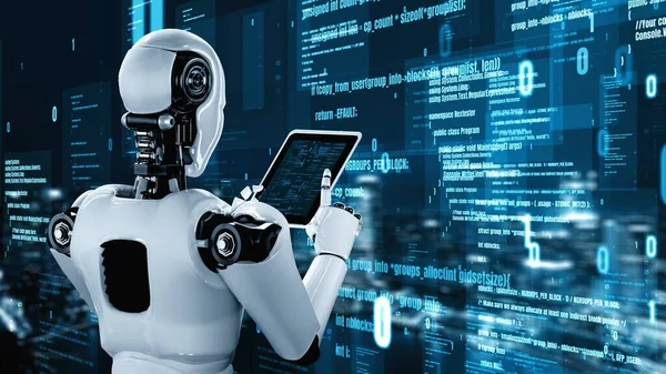 Futuristic Robot Artificial Intelligence Huminoid Programming Coding Technology Development Machine Stockfoto