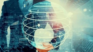 Gelecekteki bina inşaatı ve HUD hologram grafik tasarımı ile yaratıcı mühendislik projesi konsepti. İnşaat mühendisi, mimar ya da inşaat işçisi modern sivil teknoloji ile çalışıyor..