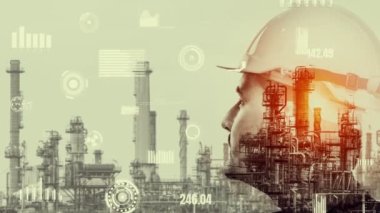 Geleceğin fabrikası ve yaratıcı grafik tasarımında yaratıcı enerji endüstrisi konsepti. Petrol, gaz ve petrokimyasal rafineri fabrikası. Hologramı yeni nesil enerji ve enerji sektörünü gösteriyor..